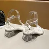 Sapatos de vestido mulher sandálias verão salto alto fivela clara pvc transparente senhoras sexy dedo do pé quadrado praia tornozelo cinta zapatillas mujer