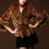 Women's Fur 201 Leopard Print Faux Short Coat Winter Fashion Unik stor krage Kvinna varm fluffig