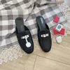 Designer slippers leather sandals genuine leather casual scuffs shoes chain shoe women loafers half drag prince town metal cowhide slipper