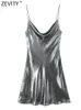 Zevity verão feminino brilhante cor metálica estilingue mini vestido feminino chique plissado design casual magro vestidos de festa ds5000 231229