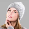 Kvinnor Vinter varma hattar Angora Rabbit Hair Sticke Beanie Girls Fashion Double Layer Manschett Trendig Skull Cap 231229