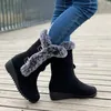 Botas femininas cunha meia panturrilha neve casual fivela de metal forro de lã botas sapatos