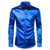 Camicie casual da uomo Camicia elegante in seta blu royal da uomo Chemise 2023 Raso liscio Party Prom Busienss Matrimonio maschile con papillon