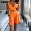 T-Shirt Summer New Pure Casual Deep Vneck Lace Up Crop Tank Top High Waist Shorts Two Piece Lady Sexy Camisole Tube Top Short Pants Set