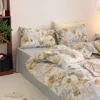 Set di biancheria da letto in cotone Set da 4 pezzi Copripiumino in twill attivo pianta americana Lenzuolo con angoli in seta di lusso