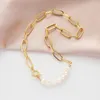 Choker ALLME Trendy 14K Real Gold Plated Copper Irregular Freshwater Pearl Hollow Link Paperclip Chain For Women