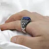 Edelstenen Turkse ring voor mannen Sterling Sier Vintage Lapis Lazuli steen met streep ringen Sier fijne sieraden aan mannelijke man cadeau