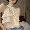 Женские майки, блузка с лямкой на шее, женские шифоновые топы с рюшами, милый однотонный модный сексуальный топ без рукавов, корейская версия