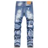 Calça jeans masculina bordada com letras, estiramento azul, primavera, slim fit, patchwork, algodão casual, calças jeans