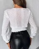 Women's T Shirts Fashion Women Blouses Spring White Long Sleeved Shirt Frill Hem Eyelet Embroidery Shirred Top Plain Casual Blouse