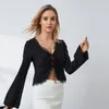Women's Blouses Lace Eyelash Trim Tie Front Shirt Casual Cardigan Women Spring Fall Long Sleeve Crop Tops For Club Streetwear Aesthetic