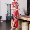 Etniska kläder Kvinnor klär kinesisk nationell stil tryckstativ krage korta ärmar hög sida split cheongsam satin silkeslen smal qipao