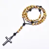 Necklaces Golden Tiger's Eye Onyx Rosary with Hematite Cross Long Necklace for Man Catholic Religious Natural Stone Rosary Jewelry