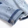 Pintura slim-fit jeans masculino emendado azul rasgado pequeno reto calças jeans buracos packwork meados de cintura streetwear