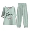 Women's Two Piece Pants Boutique Cartoon Print Short Sleeve 2-Piece Breathable Sweat Absorption Retro Middle Age Button-Down T-Shirt