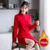 Этническая одежда, традиционный китайский стиль, красный Cheongsam для женщин, осень-зима, плотное современное улучшенное ретро платье Ципао, год CNY