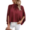 Camicette da donna Camicetta elegante a maniche lunghe da donna Colletto alla coreana Camicia pullover tinta unita Divisa corta pieghettata Orlo irregolare Top