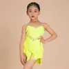 Stage Wear Latin Dance Dress For Girls Cha Samba Performance Competition Costume Fluorescent Yellow Black Fringe Kids