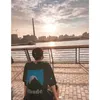 Tasarımcı Moda Giyim Tees Tshirt Rhude Liu Xianhuas Sunset Karlı Dağlar Ay ışığı Baskılı Kısa Kollu Moda Marka Erkekler CO 060Z