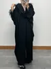 Ethnische Kleidung, schwarze Federn, große Größe, Fledermausärmel, offener Kimono, Abaiya, arabische afrikanische Frauen, marokkanischer Saudi-Kaftan, Ramadan Eid, muslimische Robe