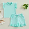 Ensembles de vêtements pour bébés filles, Shorts d'été, tenues en dentelle, manches à volants, T-shirt, pantalons courts, couleur unie