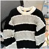 Męskie swetry pullover men vintage w paski w paski Rozgrotowany sweter z długi rękawem dzianinowe topy hip hop Hongkong Streetwear Knitwear Sprężyna jesień