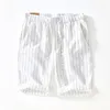 Shorts Masculinos Verão Listrado Branco Lace-up Cintura Elástica Rami Calças Algodão Solto Reto Cinco Quartos