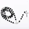 Pendant Necklaces Religious Catholic Black Glazed Rosary Necklace For Women Virgin Mary Crucifix Long Beaded Sweater Chain Jewelry Gift