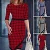 Casual Dresses Commute Midi Dress Elegant Knee Length With Irregular Split Hem Printed Color Matching For Women Slim Fit Round Neck