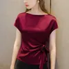 Hemden Schwarz Weiß Rot Büro Dame Chiffon Hemden Neue Koreanische Satin Seide Lace Up Hemden Frauen Vintage Boot-ausschnitt Acetat satin Bluse