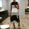Casual Dresses Sleeveless Ladies Round Neck Mid-length Dress 2023 Summer Black And White Striped Irregular A-line
