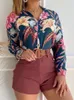 여자 트랙 슈트 사무실 레이디 패션 의상 롱 슬리브 스탠드 칼라 슬림 프린트 셔츠 벨트 반바지 세트 여름 캐주얼 해변 휴가 여성