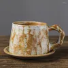 Mugs European Style Kiln Change Mug Vintage Rough Pottery Coffee Cup Plate Afternoon Tea Creative Flower