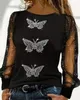 Kvinnors blusar kvinnors blus 2024 Spring Rhinestone Butterfly Mönster Glitter Top Mesh Patchwork Long Puff Sleeve Fashion Tops Loose Slim