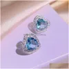 Stud 925 Sterling Sier Heart Love Earrings for Women 18k Rose Gold Shining Square Elegant Crystal Blue Diamond Ear Rings Designer Ea Dhwzl