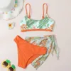 Set Floral Plant Print 3Pack Girl Swimsuit Kids With Mesh Knot Cover Beach kjol 714 år Tvådel barns badkläder Bikinuppsättning