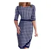 Casual Dresses Commute Midi Dress Elegant Knee Length With Irregular Split Hem Printed Color Matching For Women Slim Fit Round Neck