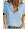 Women's Blouses Tops Women Shirts Sized Office Ladies Summer 2023 Button Up Shirt Cotton Linen Short Sleeve Blue White And