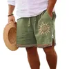 Men's Shorts British Style Cotton Linen Men Vintage Painting Thigh Zipper Knee Length Short Pants Summer Casual Beach Trousers