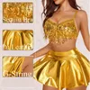 Costumes pour femmes Sexy Rave Tenues pour femmes Paillettes Fringe Cosplay Lingerie 3pack Costume Ensemble avec des hauts de culture métalliques Mini jupe