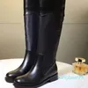 Damen-Martin-Cowboy-Schneestiefel aus schwarzem Leder mit luxuriösen High Heels aus Holz