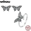 WOSTU 925 Sterling Silber Schmetterling Ohrringe Offener Ring Set Oxidiert für Frauen Mädchen Party Geschenk Vintage Verstellbarer Schmuck 231229