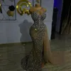 Verkliga foton aso ebi prom klänningar för speciella tillfällen guld pärlstav sjöjungfru illusion hög delad kvällsklänningar elegant för afrikanska nigeria svarta kvinnliga klänningar nl203