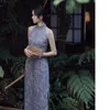 Etnische kleding blauwe bloemenprint Qipao sexy halter cheongsam dames Chinese stijl jurk verbeterd slanke vestidos traditioneel