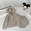 衣料品セット子供秋秋の韓国人少年女の子の赤ちゃんの因果フード付き編みヨーロッパアメリカストライプ・ソイルド2023ルーズ