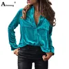 Women's Blouses Latest Autumn Casual Shirt Women Long Sleeves Velvet Blouse Stand Pocket Top Oversize Ladies Tunic Blusas Femmes Clothing