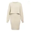 Lässige Kleider Gestricktes Kleid Zweiteiliges Set 2023 Herbst / Winter Mode Einfarbig Pullover Pullover Frau Slim Bodycon Mini weiblich