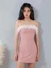 Casual Dresses Kimydreama Women Elegant Strapless Wrapped Dress Faux Fur Patchwork Sleeveless Off-Shoulder Bodycon Mini Party Gown