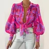 Women's Blouses Beach Style Long Puff Sleeve Shirt Turn Down Collar Button Loose Blouse Women Floral Printed Shrug Casual Tops Female Ropa