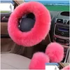 Steering Wheel Covers Ers 38Cm Red Pure Wool Er Real Sheepskin P Warm Fluffy Fuzzy Car Accessories Women Girl Interior Drop Delivery Dh4Gi